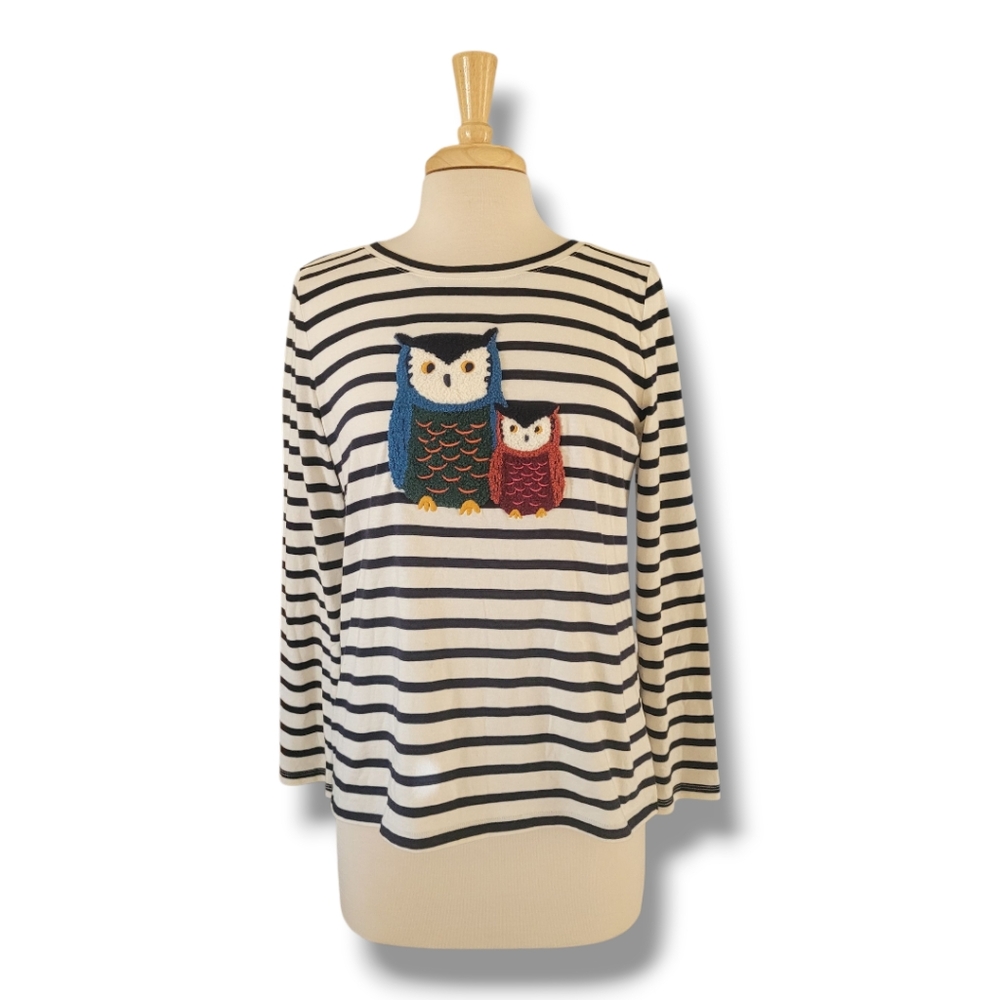 Talbots Round Neck, Owl Motif Striped Long Sleeve Black/White Stretch Top. MP - Picture 2 of 8